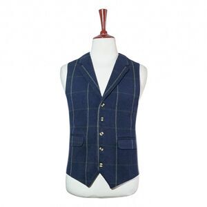 Mens 46R Wool Vest Navy Blue Windowpane Check Waistcoat Preppy Formal Casual